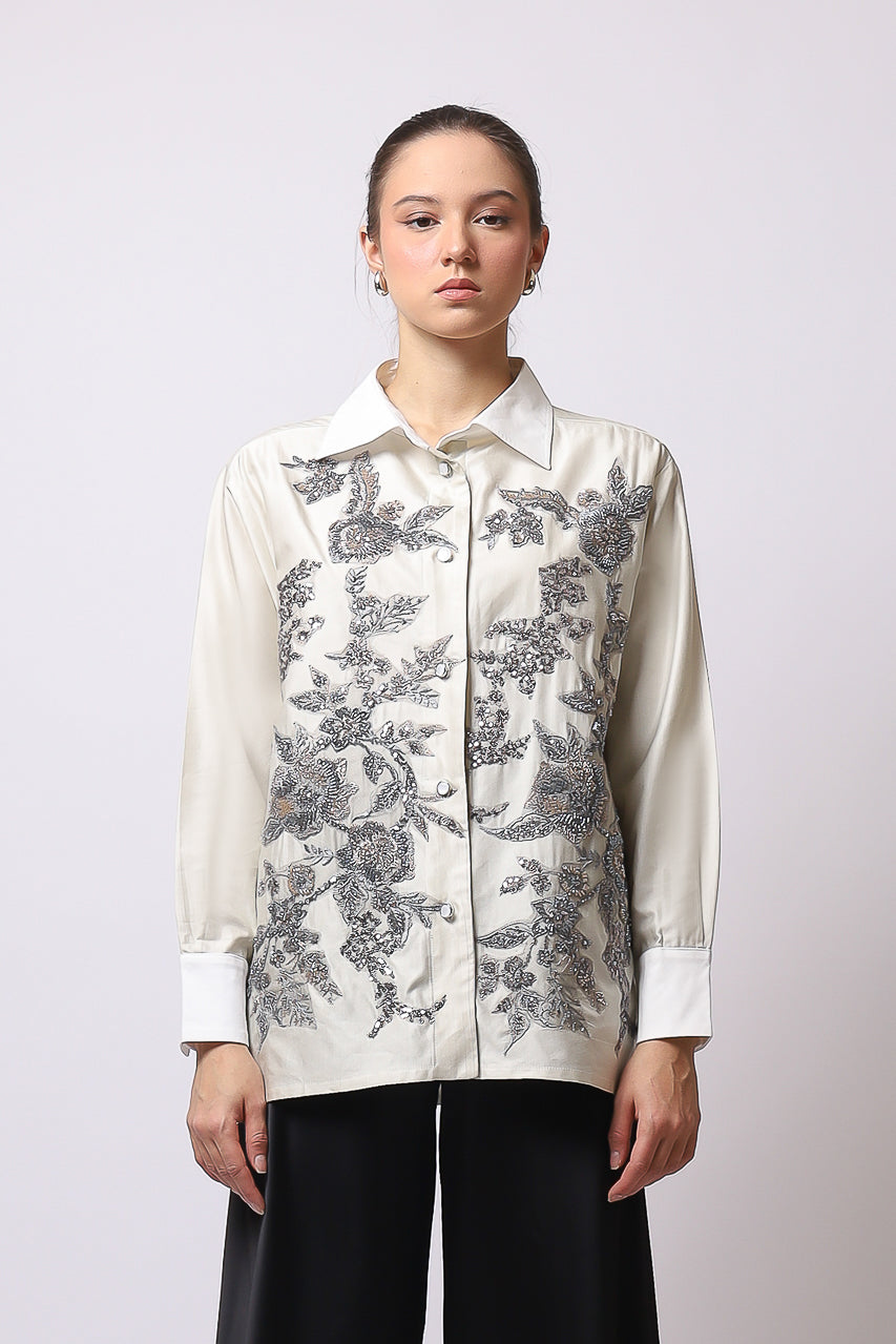 Bloom et Champs Kemeja Abu Payet/Flare Saten Pants