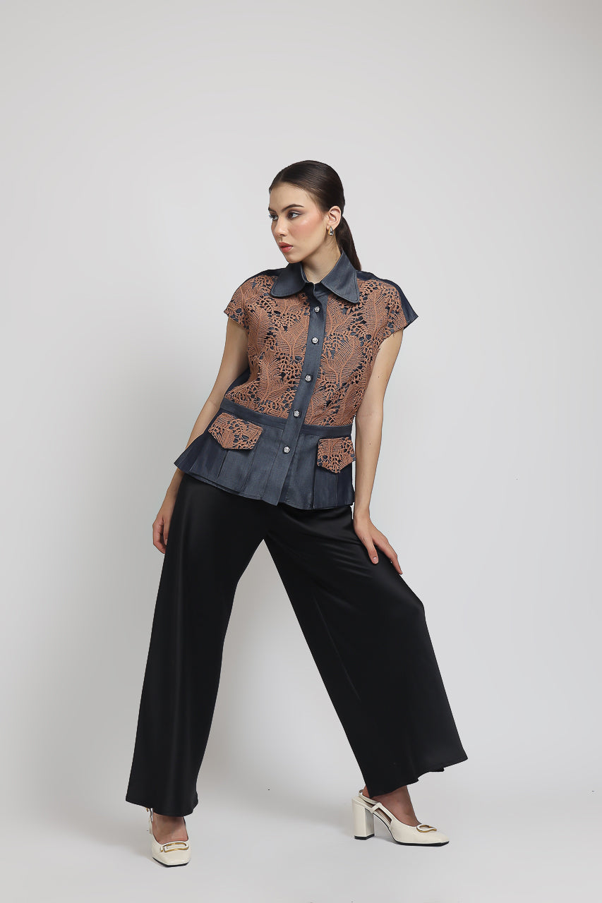 Bloom et Champs Paris Denim Blouse/Flare Saten Pants