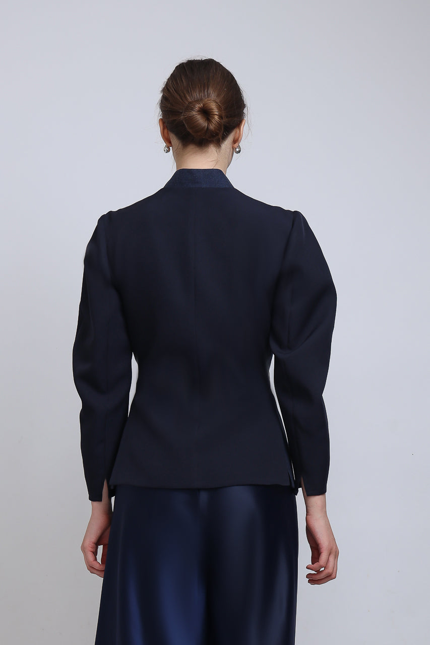 Bloom et Champs Diagonal Shirt with Garden Embroidery/Flare Saten Pants in Navy