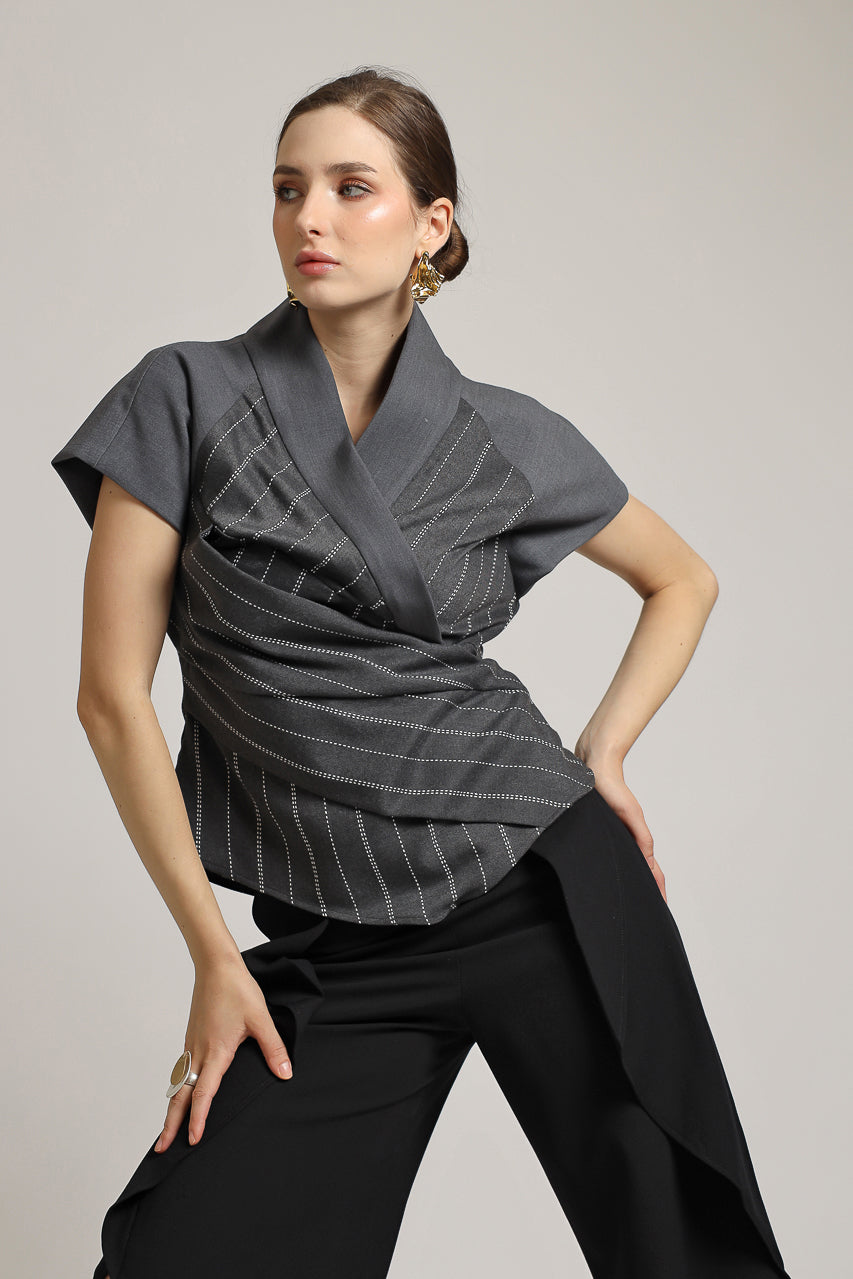 Bloom et Champs Semi Stripe Grey Blouse