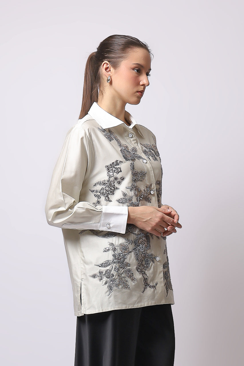 Bloom et Champs Kemeja Abu Payet/Flare Saten Pants