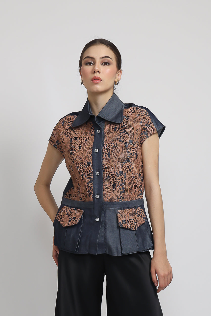 Bloom et Champs Paris Denim Blouse/Flare Saten Pants