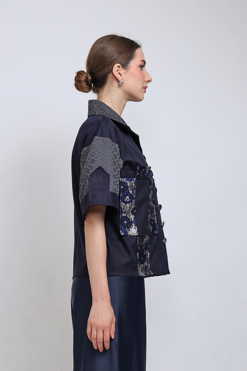 Kemeja Golden Navy/Flare Saten Navy Pants