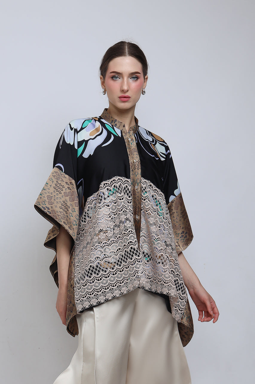 Bloom et Champs Top Lawar Brukat Kembang/Celana Doremi Krem