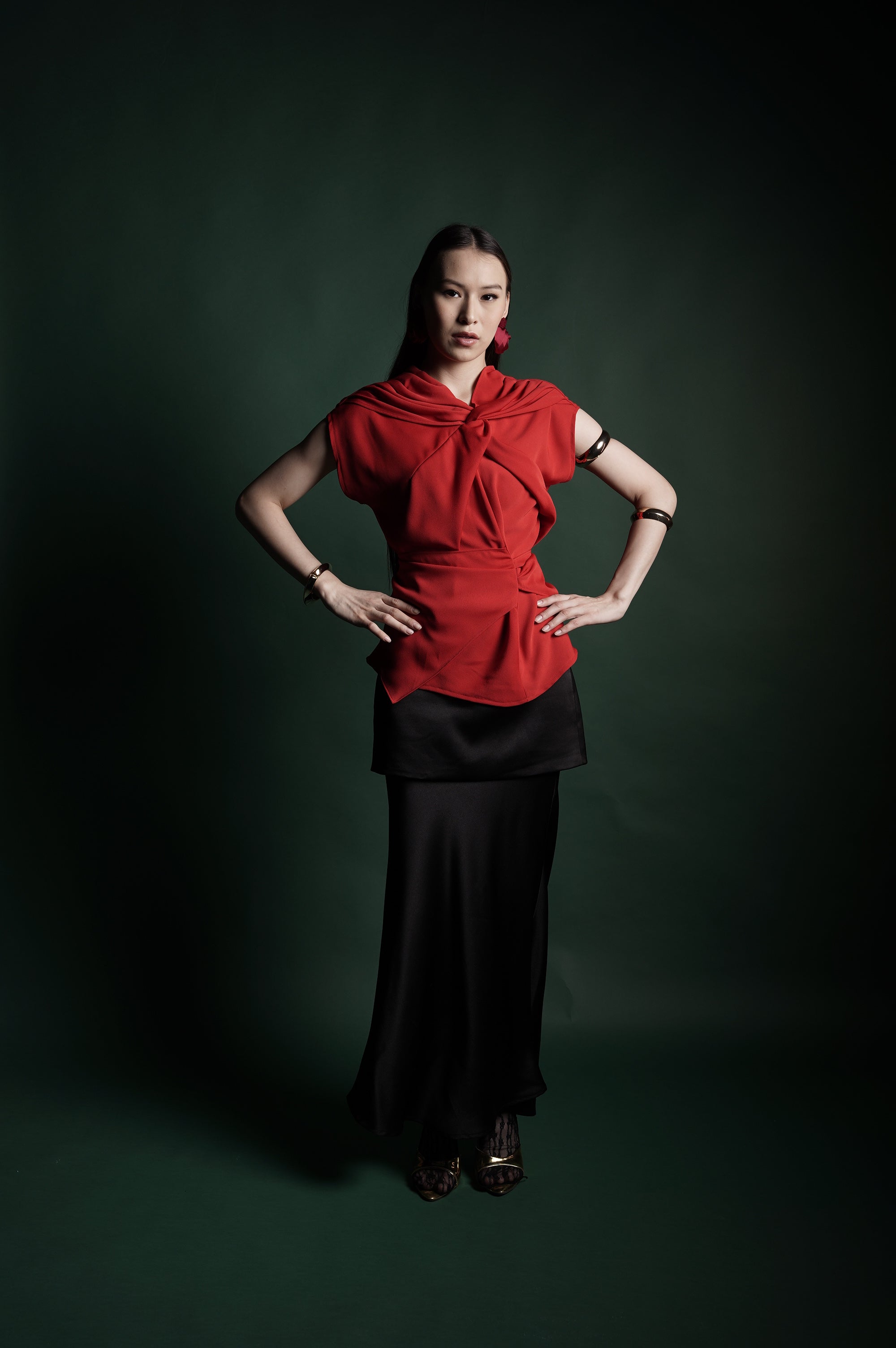 Bloom et Champs Red Knot Top/Saten Obi Skirt in Black