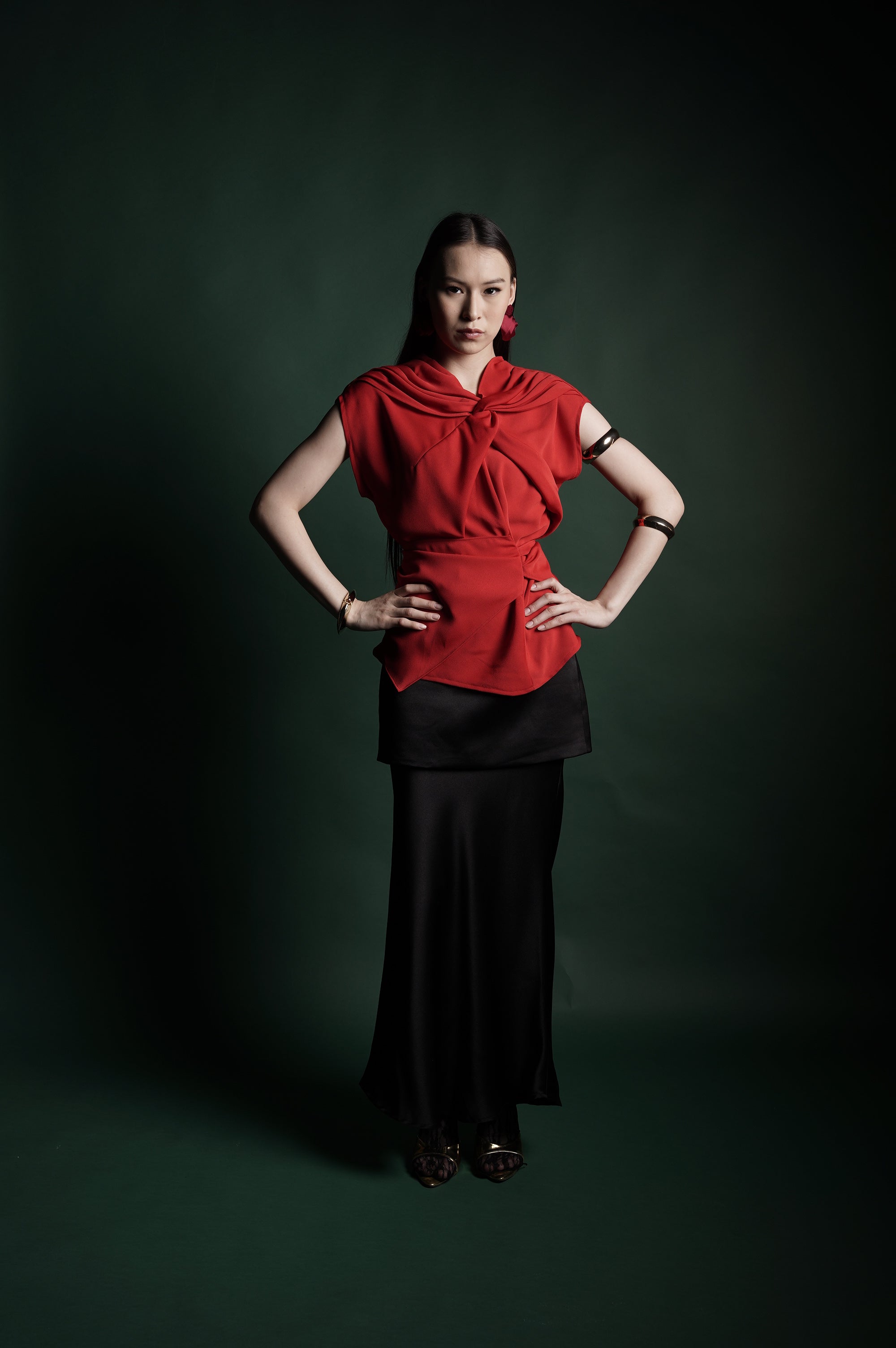 Bloom et Champs Red Knot Top/Saten Obi Skirt in Black